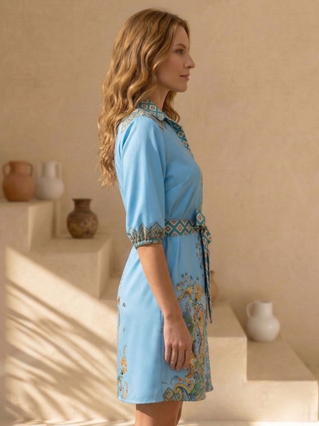 Blue Linen Paisley Shirt Dress-ADR-19779