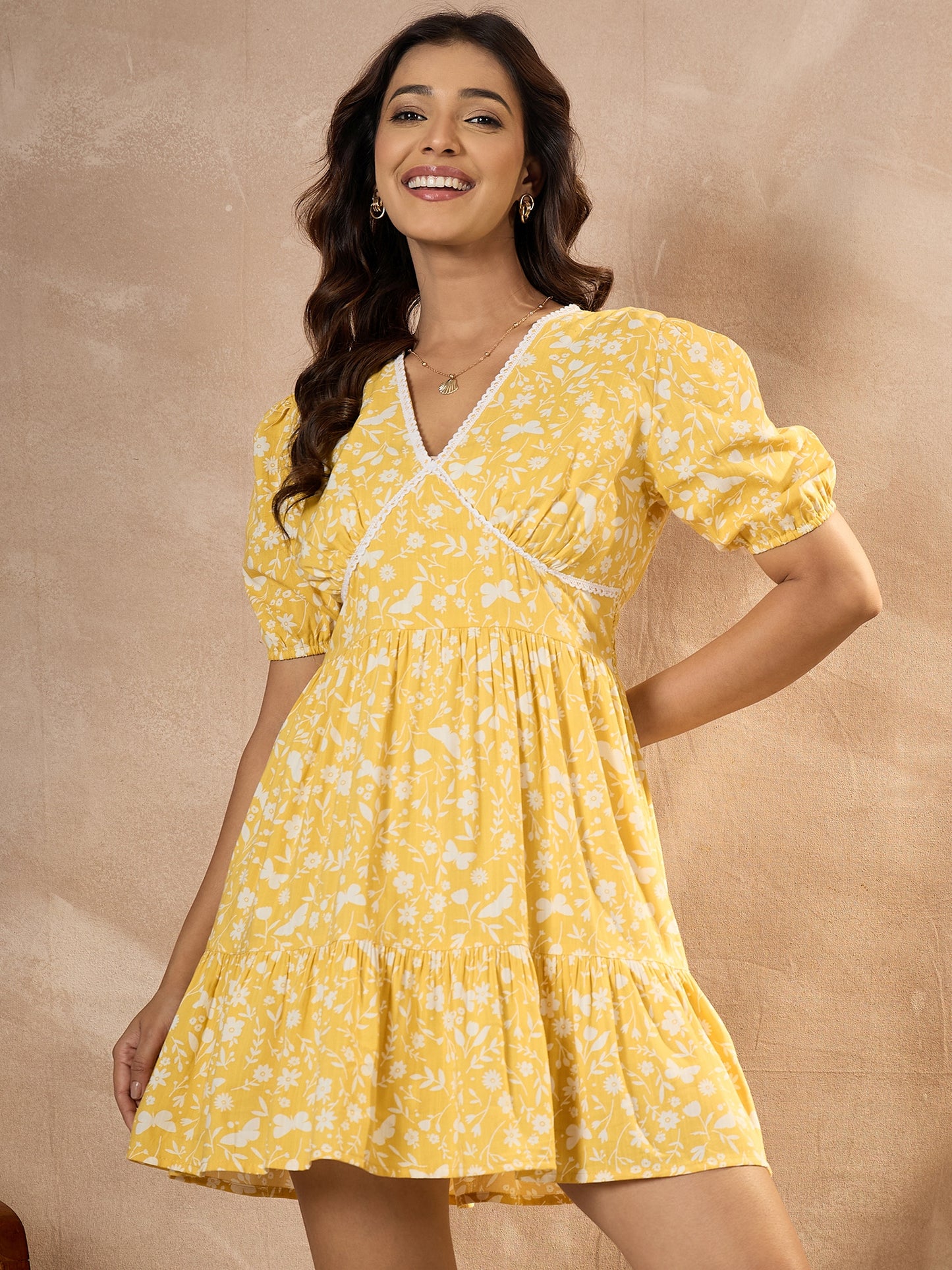 StyleStone Women's Cotton Yellow Floral Dress with Lace detail