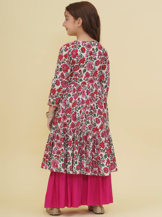 Girls Off-White Floral Printed Angrakha Kurta with Sharara
