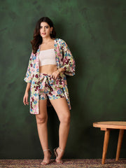 Women's Floral Printed Crepe Shrug and Shorts Set