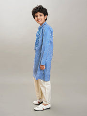 Boys blue white stripe embroidery kurta with a off  white pajama