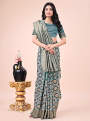 Graceful Pink Lichi Silk Saree with Contrast Blue Woven Border & Floral Zari Design – Wedding & Festive Wear