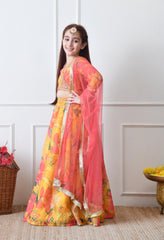 Girls Yellow Floral Printed Lehenga Set with Dupatta