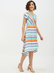 Women's Polyester Satin Striped Wrap Dress