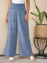 Women's Blue Self Design Smocked Waist Pants