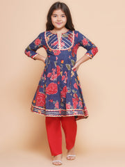 Girls Navy Blue Red Printed Anarkali Kurta & Palazzos