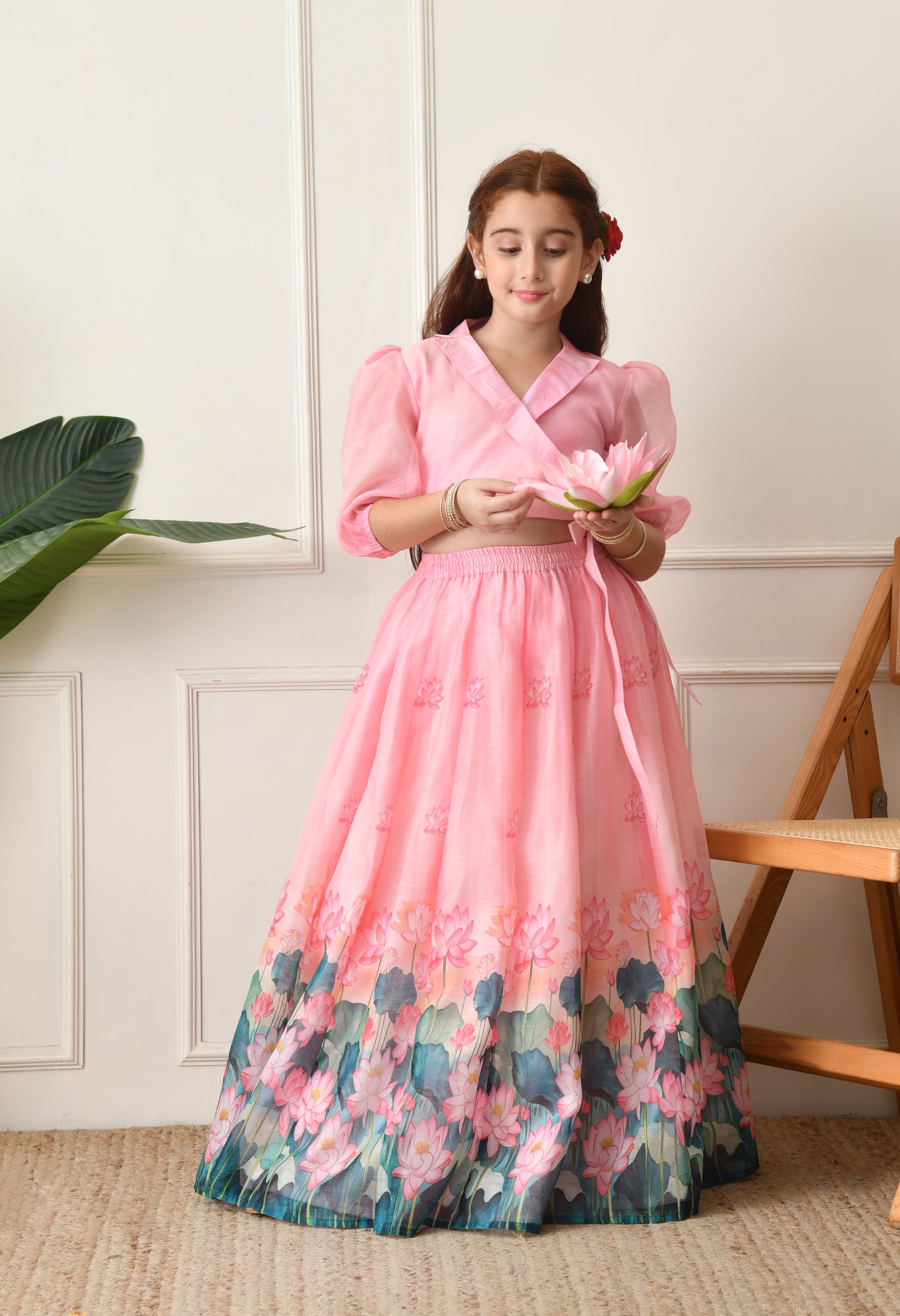 Girls Pink Lotus Print Lehenga Set with Wrap Style Blouse.??