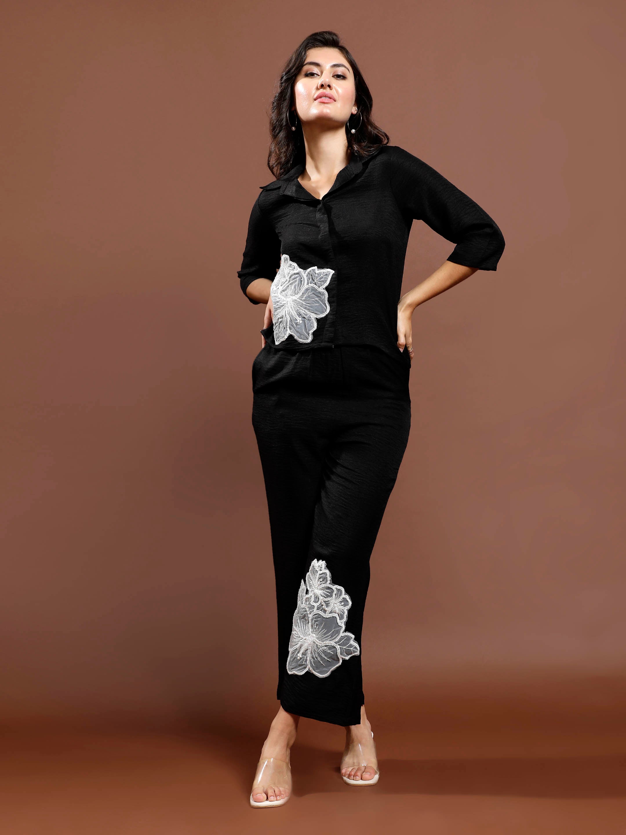Floral Embellished Patchwork Linen Shirt & Trousers