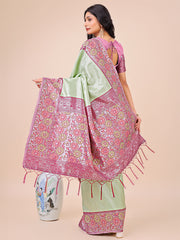 Premium Pink & Sky Blue Floral Woven Lichi Silk Saree with Rich Pallu & Tassels – Festive & Party Wear for Women