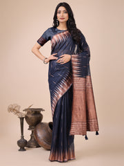 Premium Charcoal Black Linen Cotton Saree with Copper Zari Pallu & Abstract Print – Office & Festive Wear