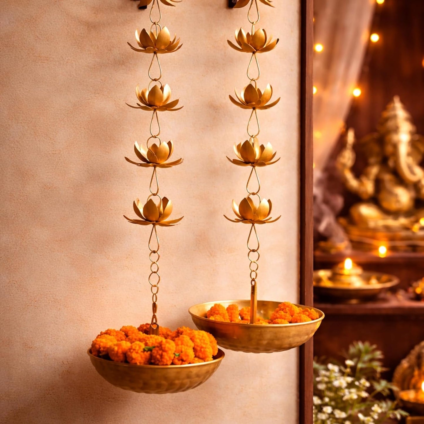 Metal Hanging Urli/Uruli Bowl (8 inch) with Chain, Petal Design, for Floating Flowers & Tealights, Entrance/Main Door & Mandir Pooja Décor
