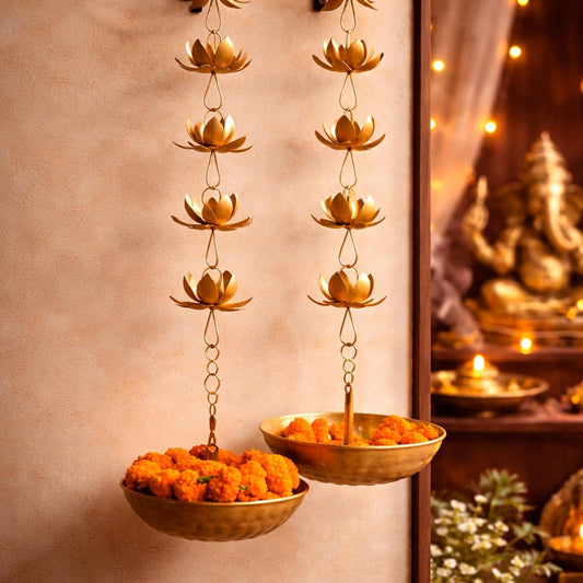 Metal Hanging Urli/Uruli Bowl (8 inch) with Chain, Petal Design, for Floating Flowers & Tealights, Entrance/Main Door & Mandir Pooja Décor