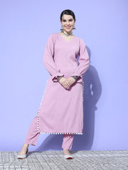 Kalini Women Mauve Straight Kurta With Pom Pom Hem Paired With Tonal Bottom