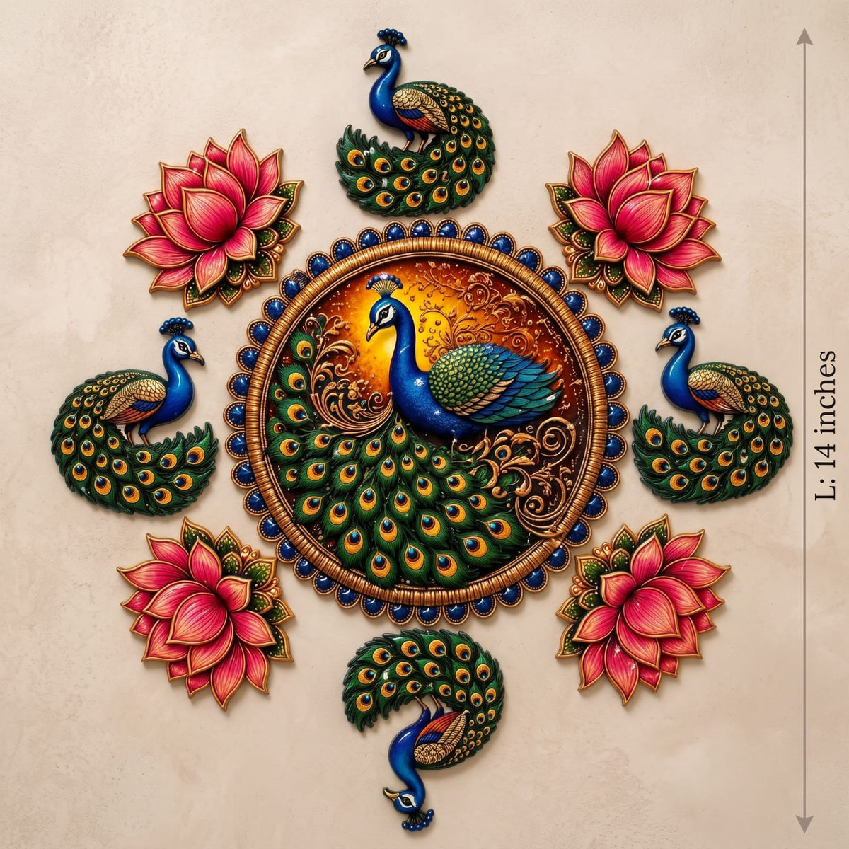 MDF Rangoli Set | Peacock lotus | 9 Pcs