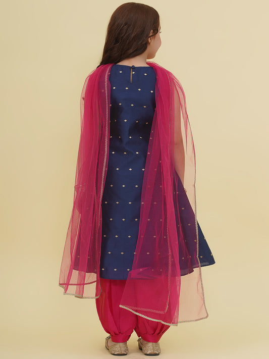 Girls Blue Self Design Kurta with Afgani Salwar with Dupatta