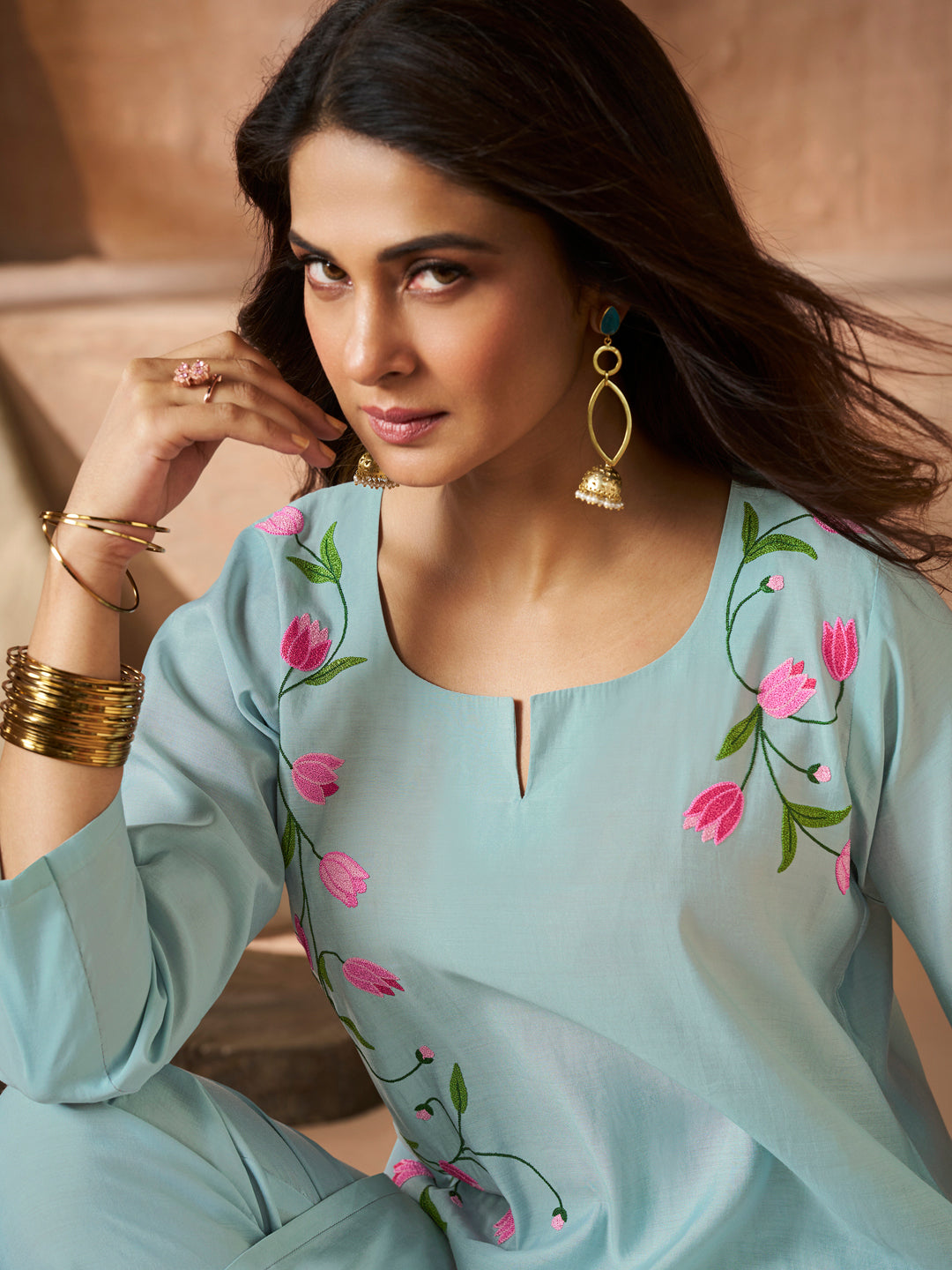 Sky Blue Embroidered Straight Kurta Set With Dupatta.