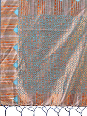 Teal Blue Linen Cotton Saree with Woven Geometric Zari Motifs – Elegant Festive Wear for Women