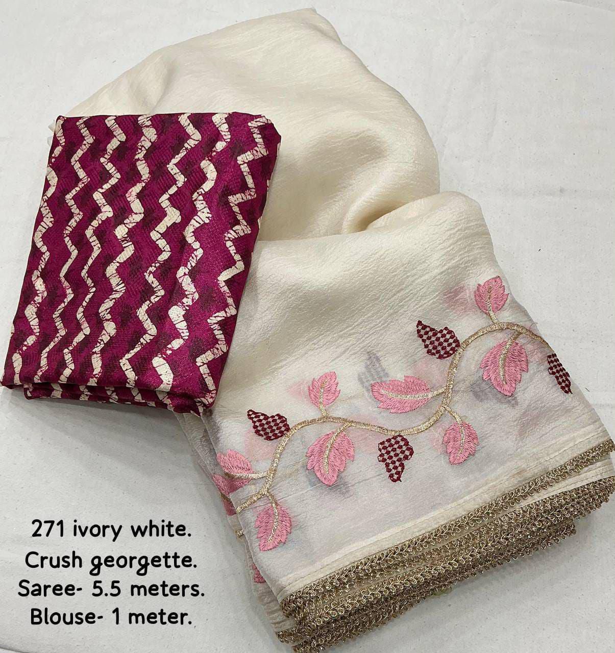 soft crush georgette saree with leaf design emboridary c-pallu with patched lace border