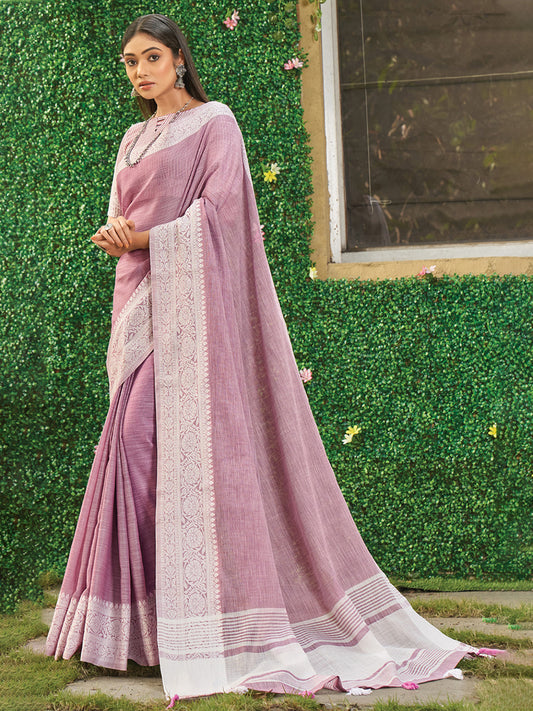 Lavender Linen Cotton Saree with Intricate Woven Border & Contrast Pallu | Soft Lightweight Traditional Drape | Tassel Edge | Unstitched Blouse Piece