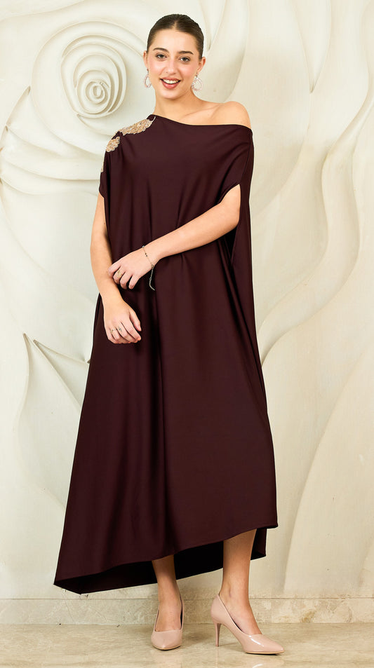 Embroidered One Shoulder Kaftan Maxi Dress