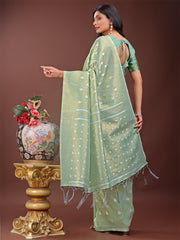 Elegant Light Green Linen Saree with Silver Zari Butta & Pallu – Daily Wear | Festive Look | Soft Feel