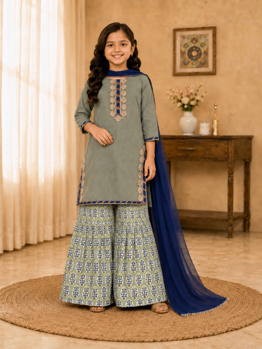 Girls Pista Green Kurta With Printed Sharara & Blue Dupatta