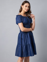 Women's Peasant Style Smocked Waist Denim Dress