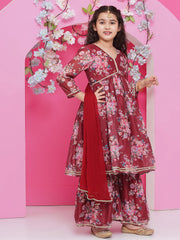 Girls Maroon Floral Printed Alia Design Kurta with Sharara with dupatta