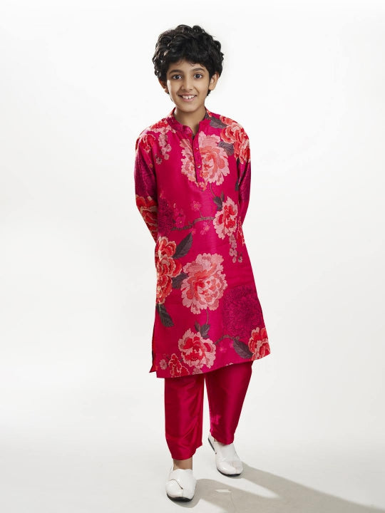 Boys Pink floral printed kurta with a Pink pajama