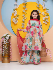 Girls Sea Green Multi Printed Jacket Style kurta with Sharara With dupatta