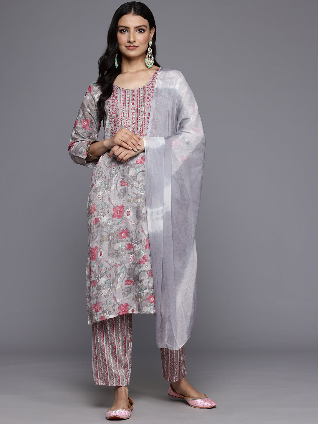 Women Grey Round Neck Thread Embroidered Yoke Printed Kurta Paired With Printed Bottom & Tie-Dye Dupatta