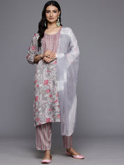 Women Grey Round Neck Thread Embroidered Yoke Printed Kurta Paired With Printed Bottom & Tie-Dye Dupatta
