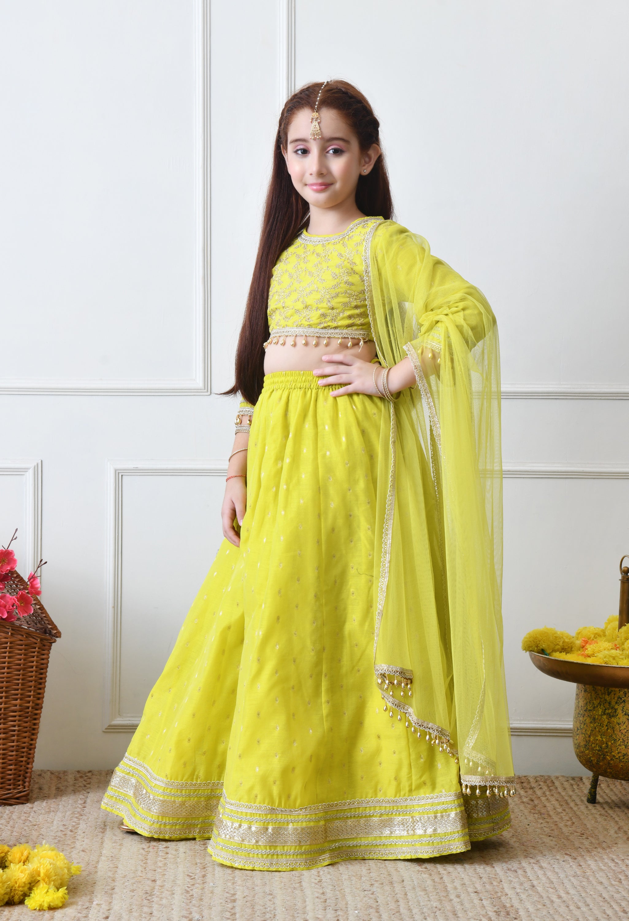Girls Lime Green Embroidered Lehenga Choli Set with Net Dupatta