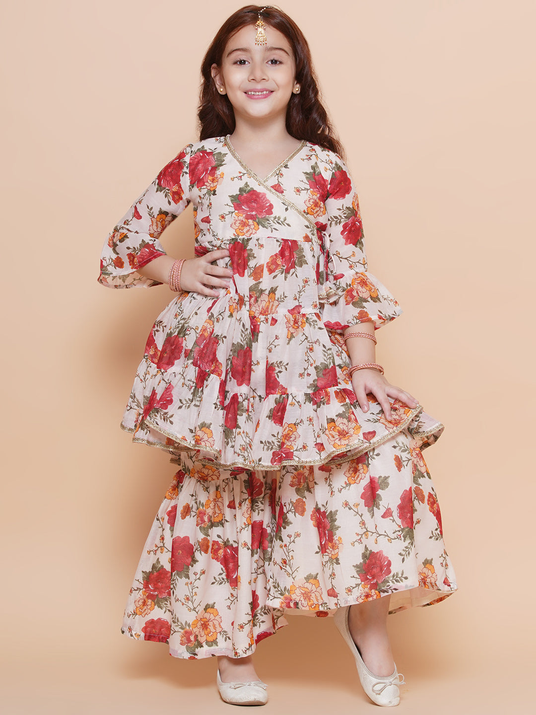 Silk blend Woven Three-Quarter Sleeves Floral Print Flared Kurta And Sharara Set - Offwhite