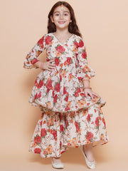 Silk blend Woven Three-Quarter Sleeves Floral Print Flared Kurta And Sharara Set - Offwhite