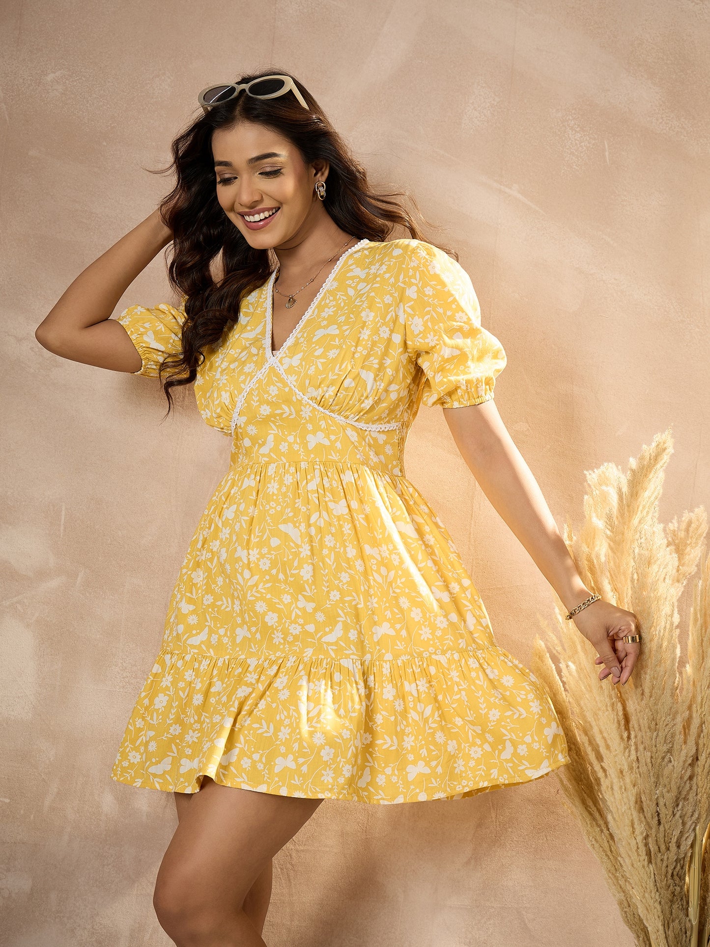 StyleStone Women's Cotton Yellow Floral Dress with Lace detail