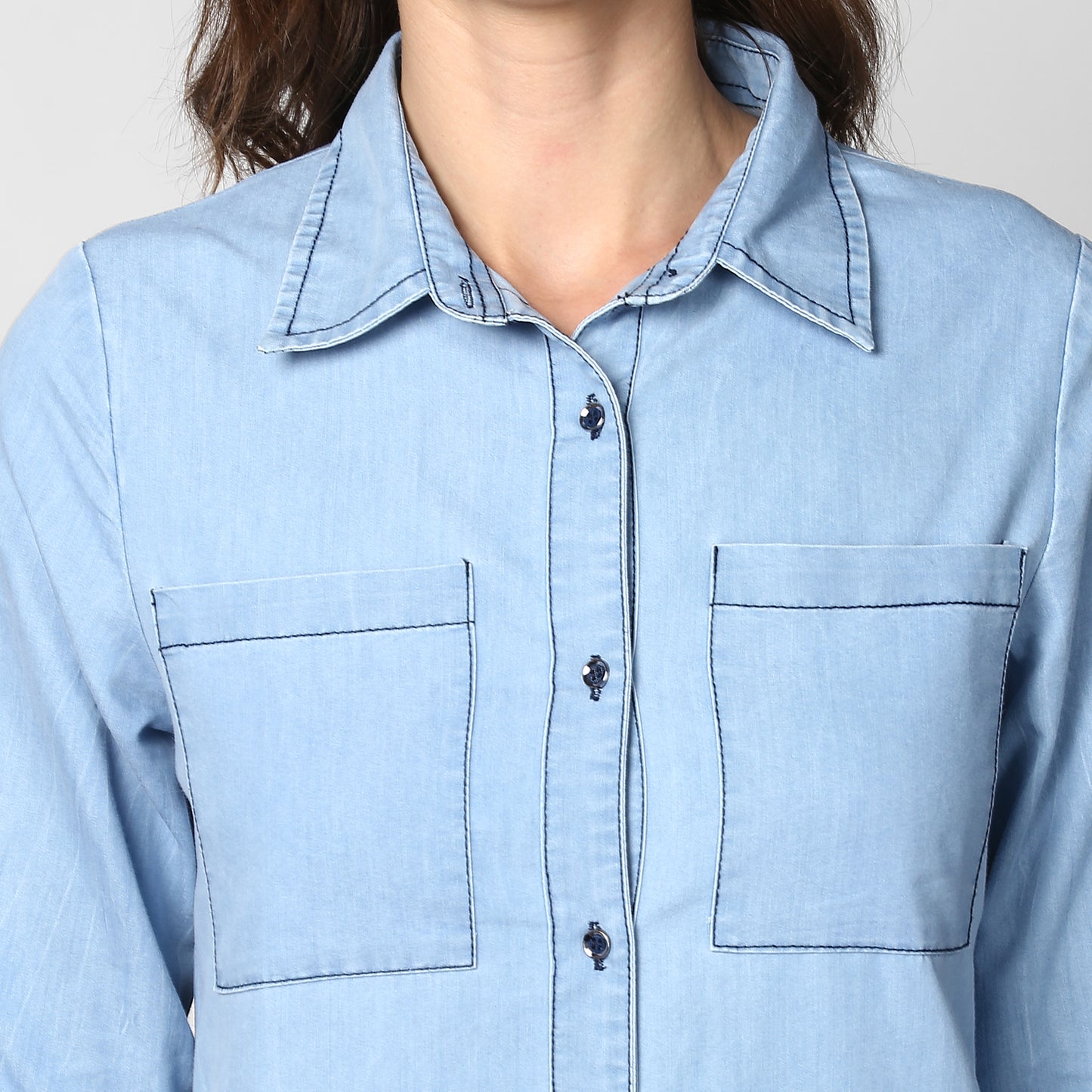StyleStone Women's Light Blue Denim Double Pocket Double Flap Dress