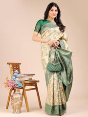 Graceful Cream and Navy Blue Silk Saree – Traditional Elegance with Royal Charm