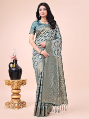 Graceful Pink Lichi Silk Saree with Contrast Blue Woven Border & Floral Zari Design – Wedding & Festive Wear