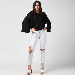 Women's Satin Black V Pleat Detail Top