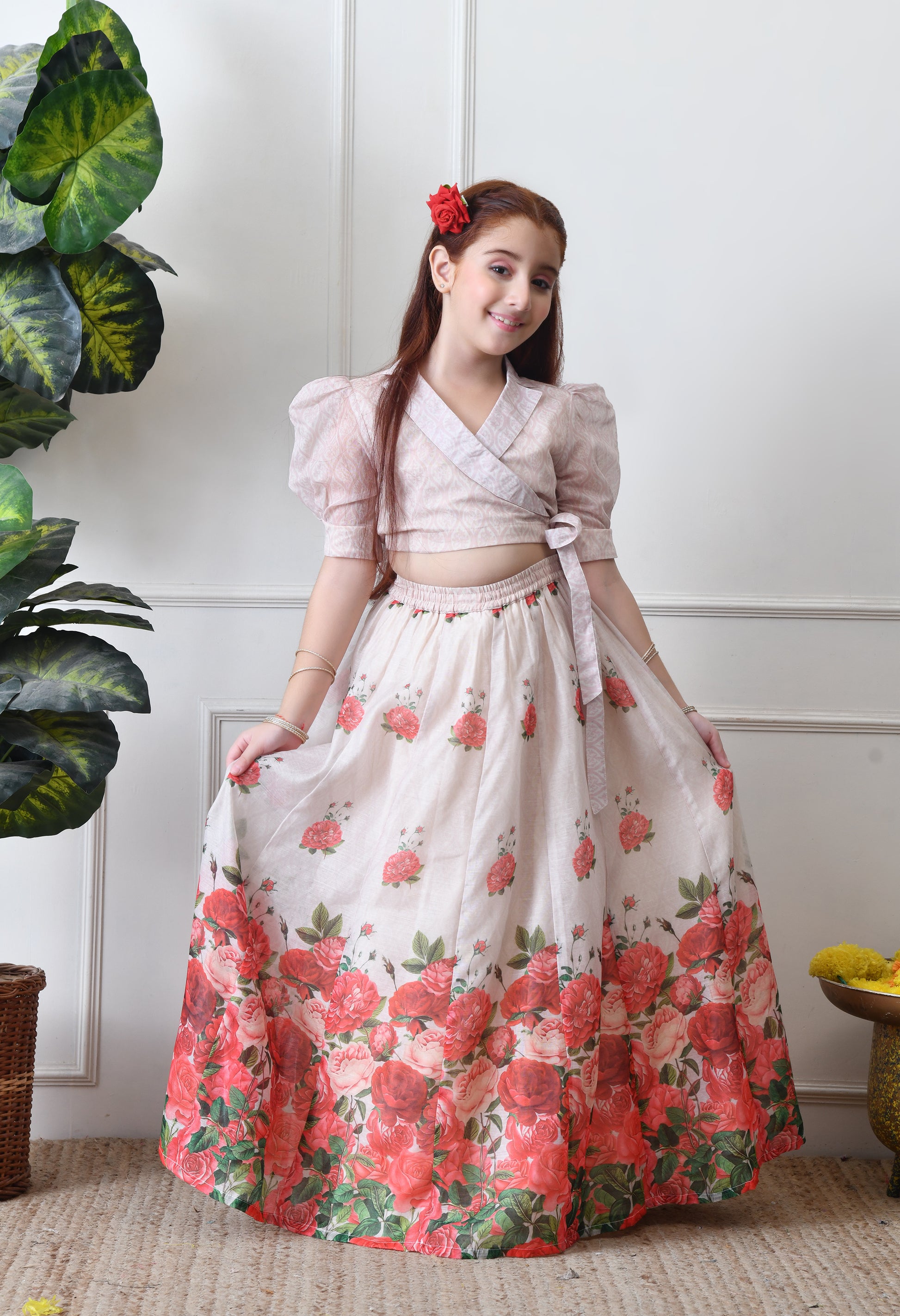 Girls Floral Printed Lehenga Choli Set Cream Wrap Top with Rose Print Skirt