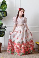 Girls Floral Printed Lehenga Choli Set Cream Wrap Top with Rose Print Skirt