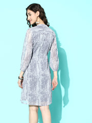 Varanga Women Grey Abstract Printed Mandarin Collar Dress With Three Quarter Sleeves