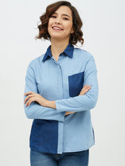 Women's Blue Colour Block Denim Shirt