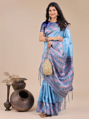 Radiant Sky Blue Silk Saree with Pink & Blue Floral Pattern – Perfect for Weddings & Festive Glamour