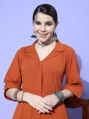 Kalini Women Rust Shirt Collar Neck A-Line Kurta Paired With Tonal Bottom