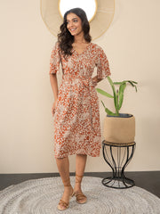 Women's Brown Floral Polyester Floral Wrap Dress