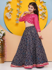 Girls Pink with Embroidered Choli, Navy Blue Bandhani Print Lace work Lehenga with Dupatta