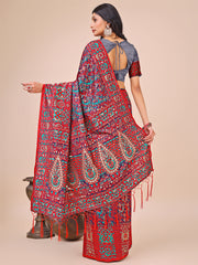 Elegant Pink Jacquard Linen Cotton Saree with Traditional Multicolor Weave & Tassel Pallu – Festive & Casual Wear for Women