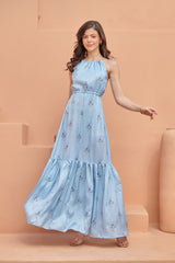 Light Blue Tiered Fit Satin Maxi Dress
